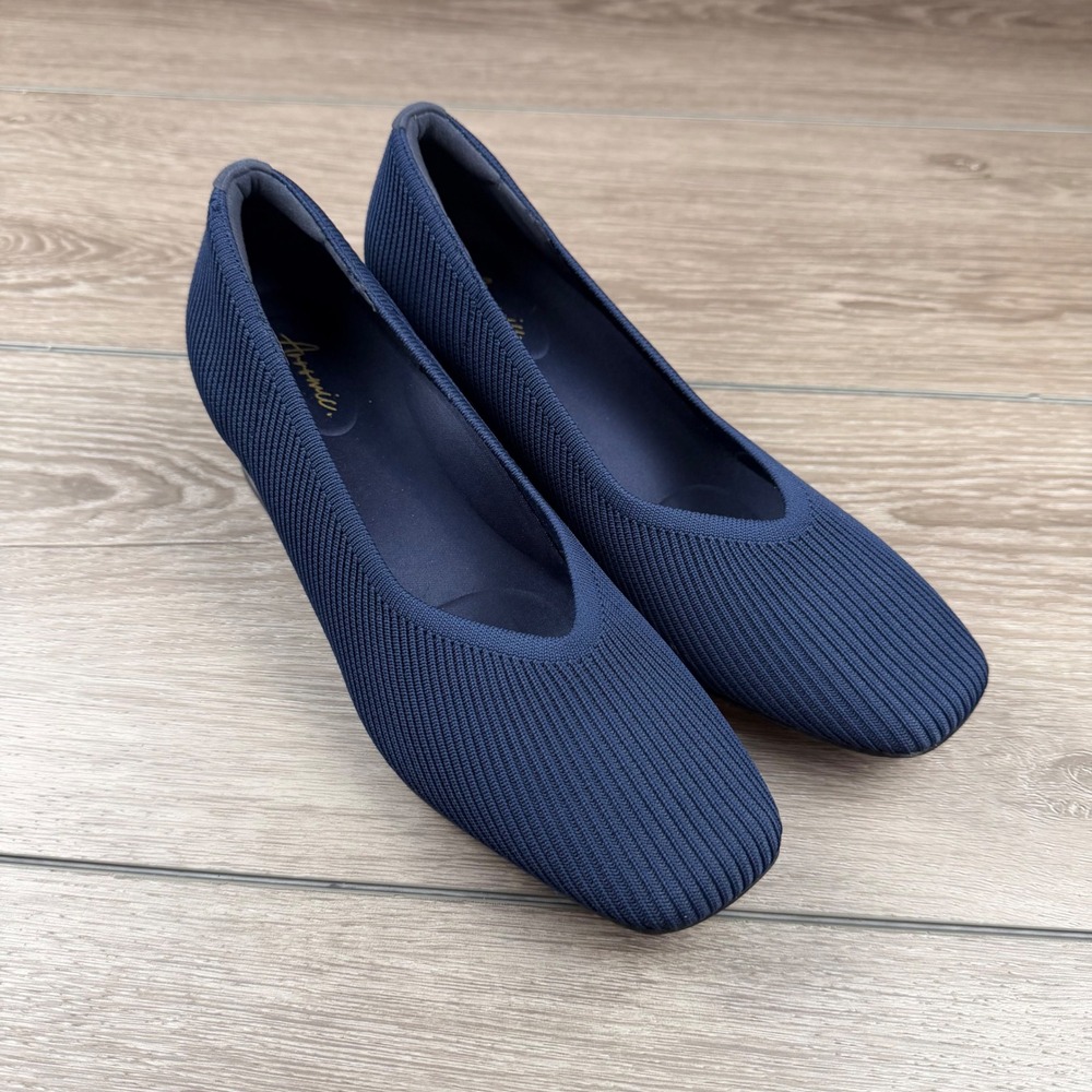 Arromic Womens Pumps Square Toe Block Heel Knit Ribbed Navy Blue 9.5